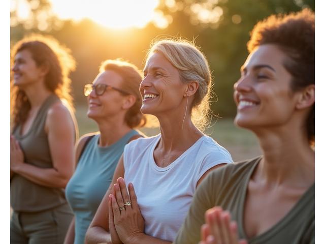 Diverse group of adults (35+) practicing holistic wellness, calm and smiling.